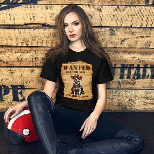 Wanted Dog 4 Unisex t-shirt Bella Canvas Wild West Design, funny Pets.